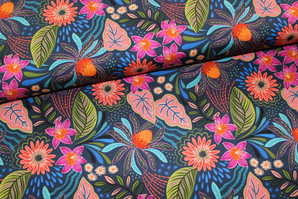 Designerbaumwollstoff Bahia Flora on dark blue (10 cm)